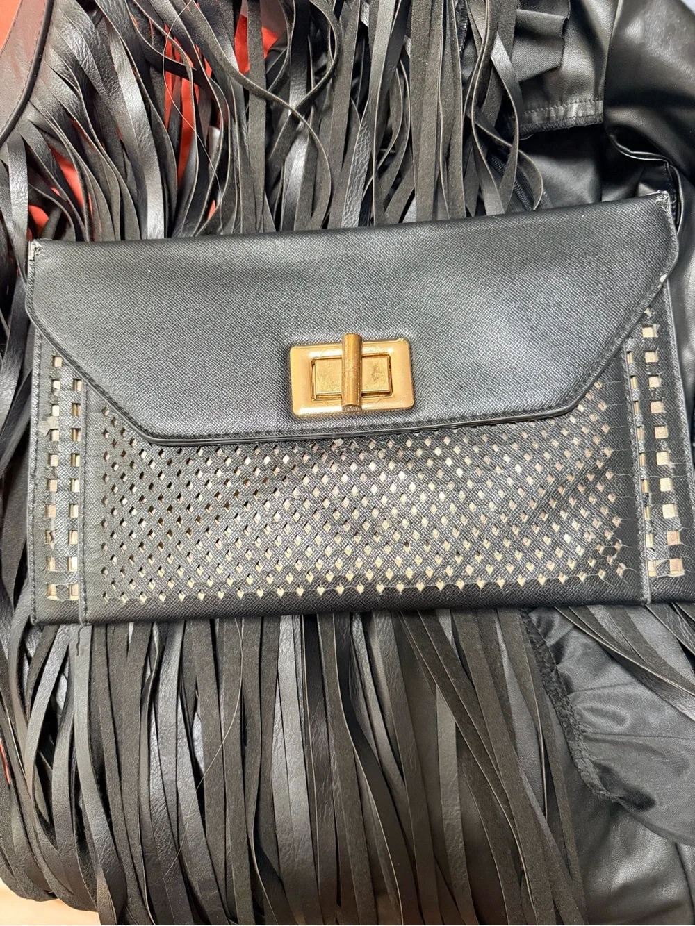 Classic Black Leather Envelope Clutch with Gold Turn-Lock
